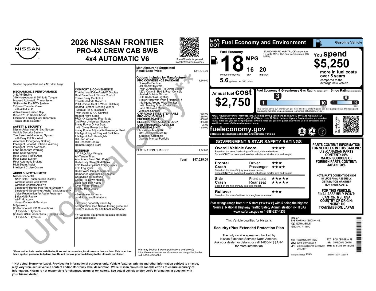 2026 Nissan Frontier PRO-4X Convenience Package