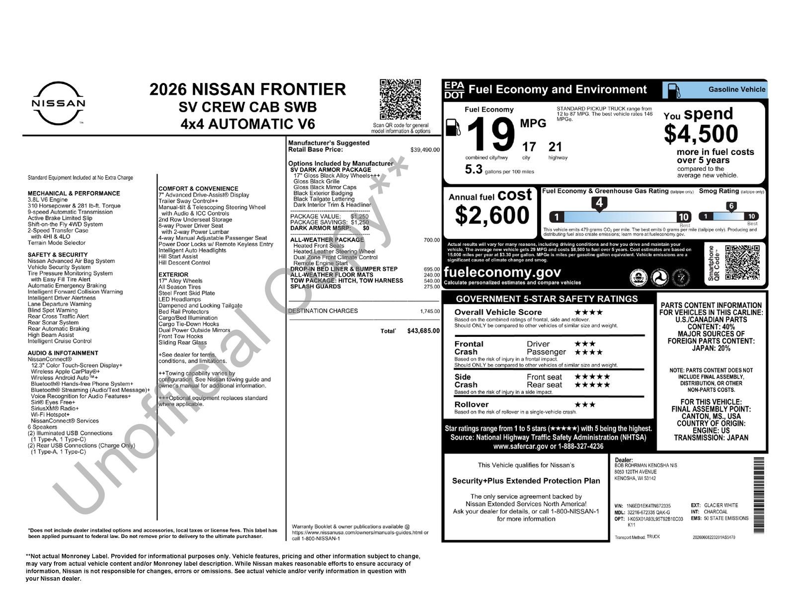 2026 Nissan Frontier SV Dark Armor All Weather Package