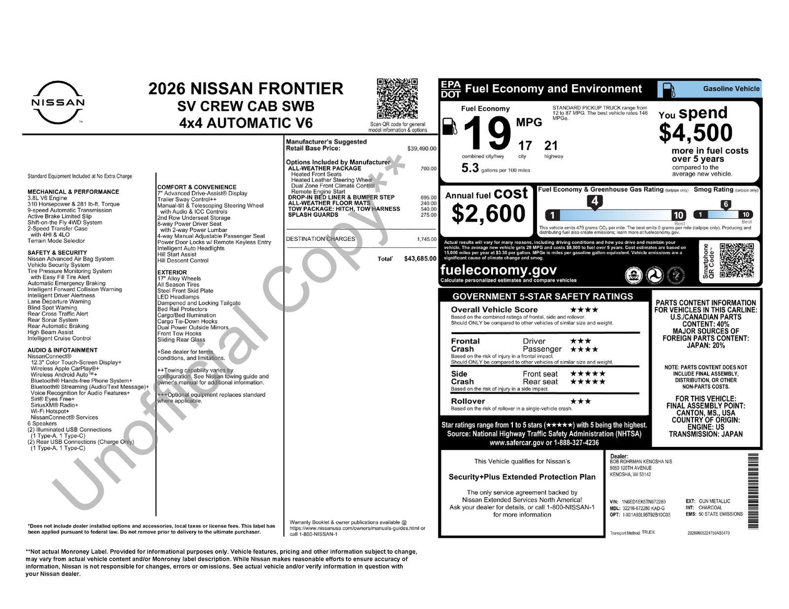 2026 Nissan Frontier SV All-Weather Content Package