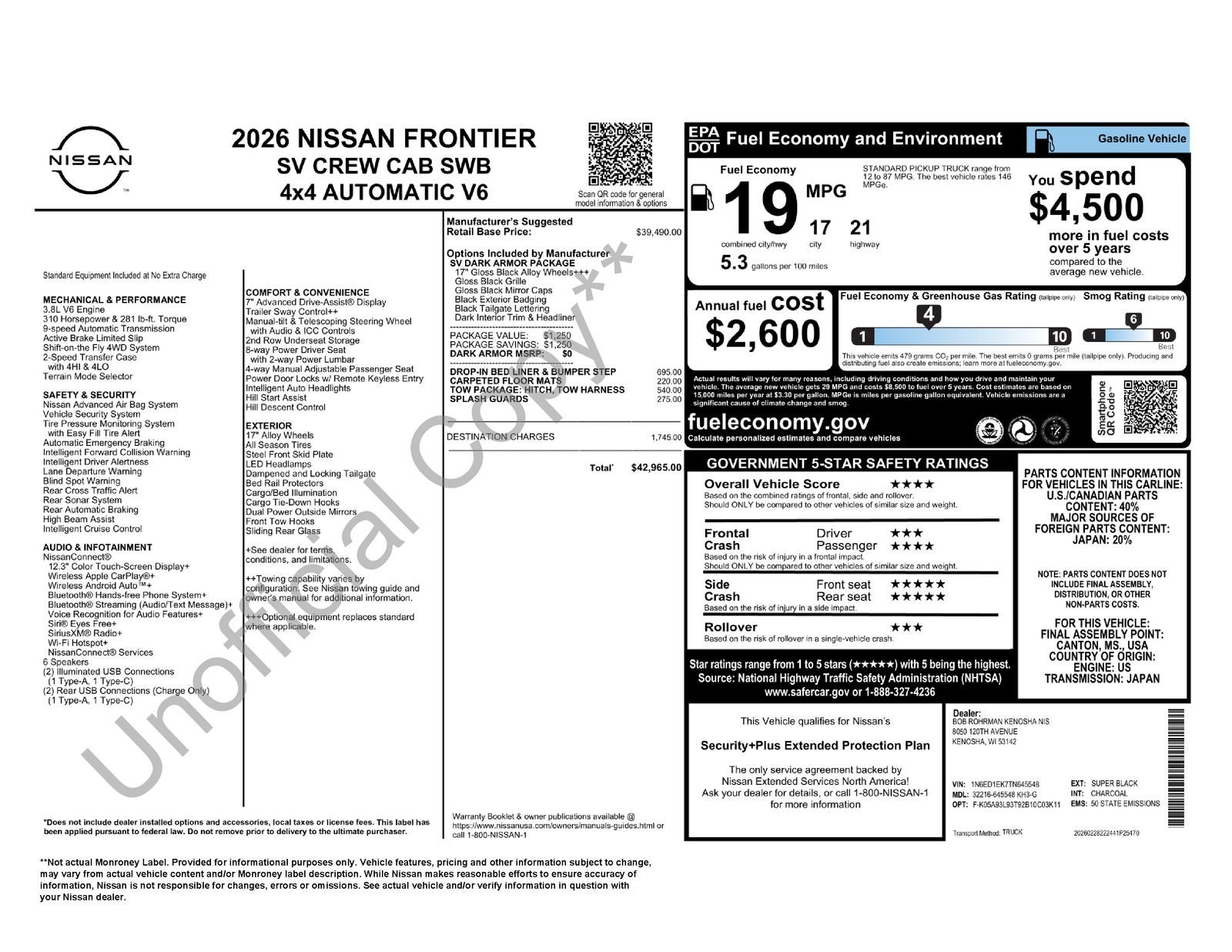 2026 Nissan Frontier SV Dark Armor Package