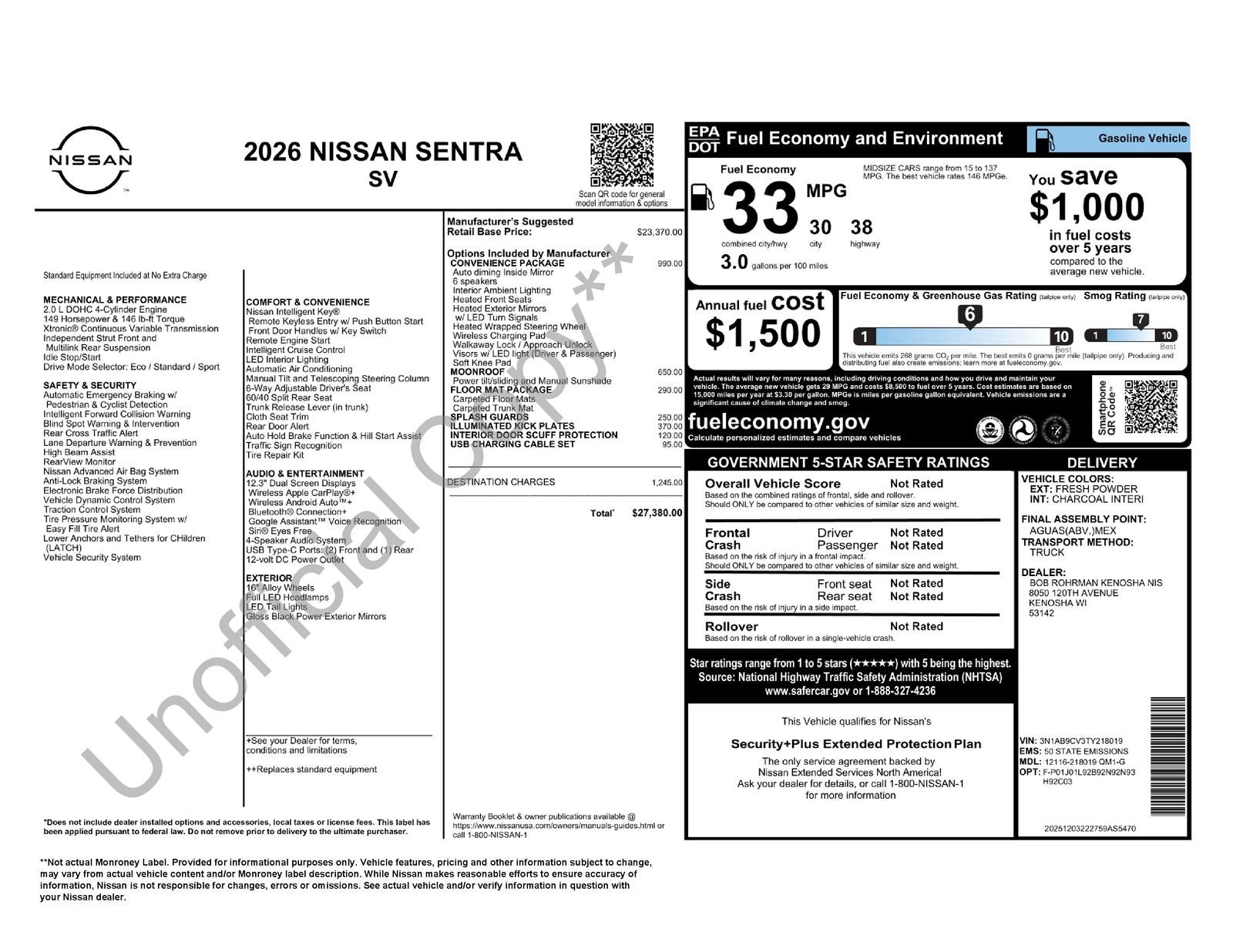 2026 Nissan Sentra SV Convivence Package
