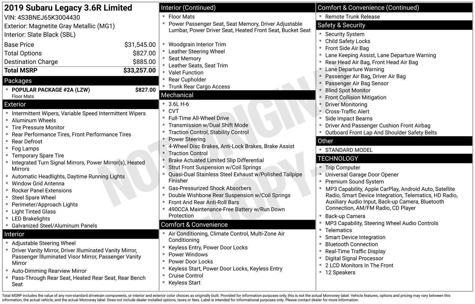 2019 Subaru Legacy 3.6R Limited